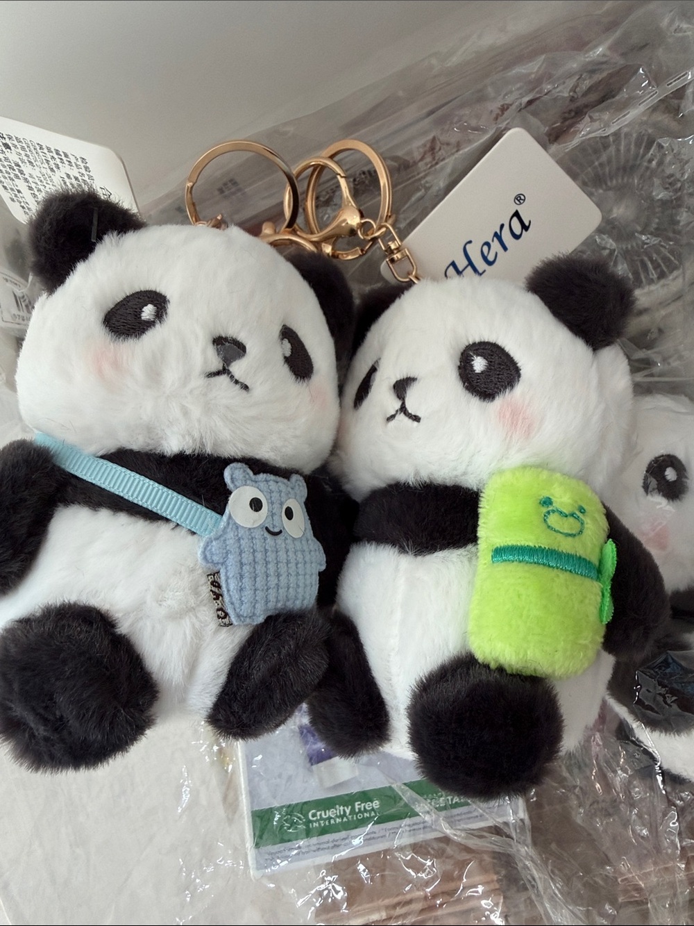 Cute Plush Panda Keychain Duo - White & Black with Green Accent